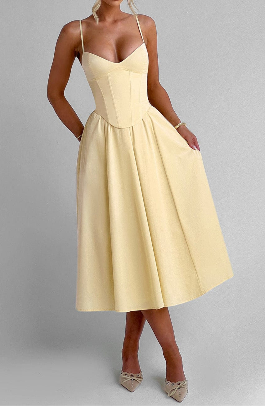 Women's Midi Dress with Corset in Lemon Yellow 