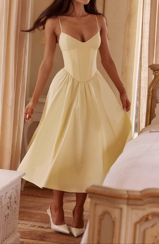 Women's Midi Dress with Corset in Lemon Yellow 