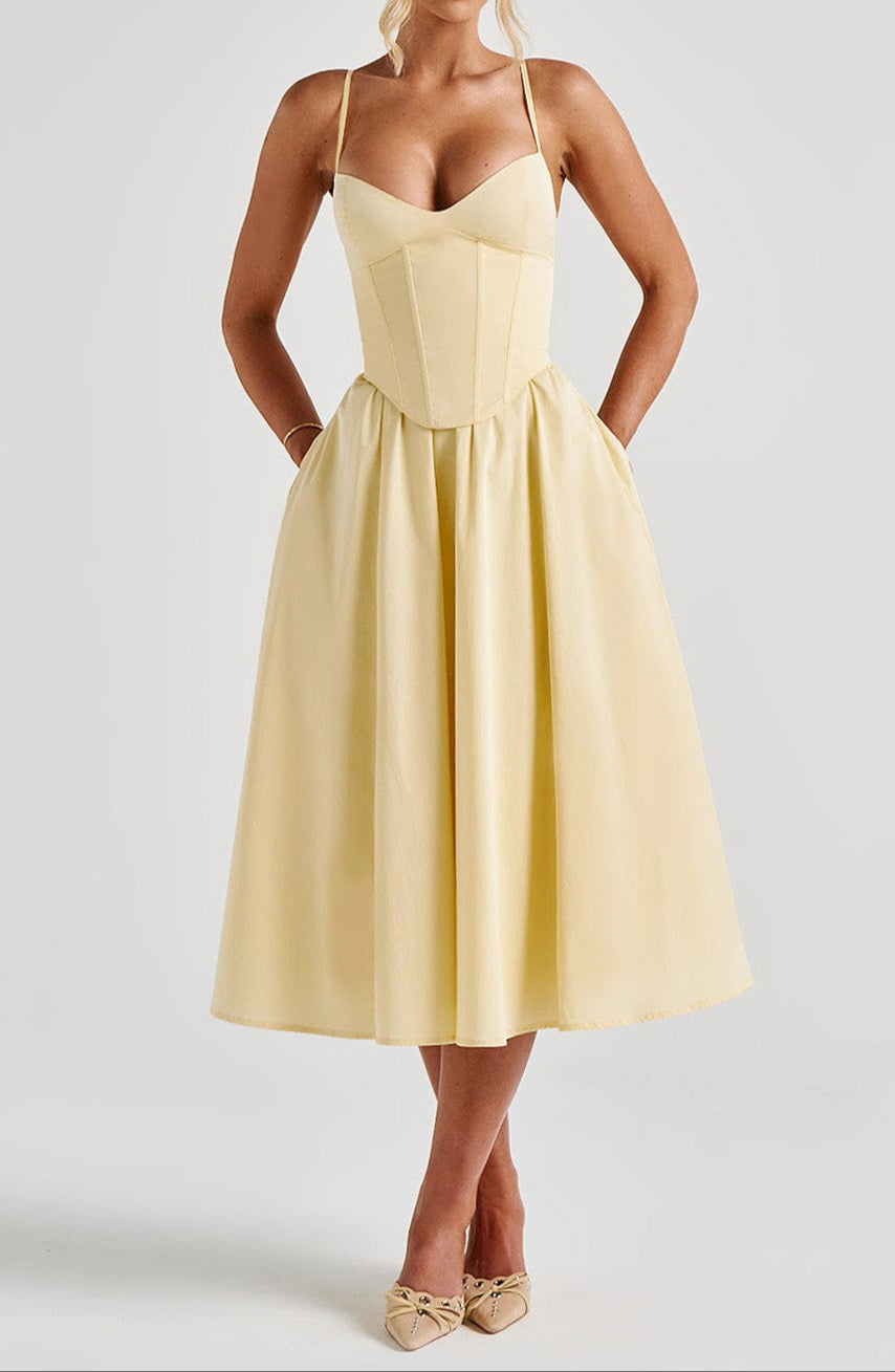 Women's Midi Dress with Corset in Lemon Yellow 