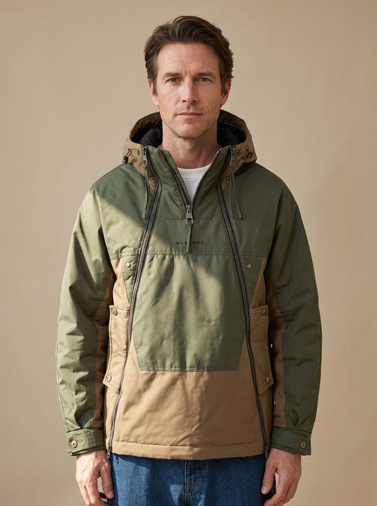 Herren-Steppjacke mit Kapuze und Halbzip von vorn