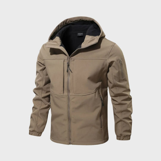 Men's softshell jacket with hood and functional design