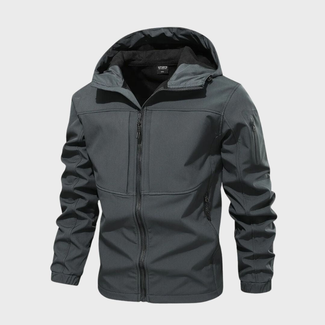 Men's softshell jacket with hood and functional design