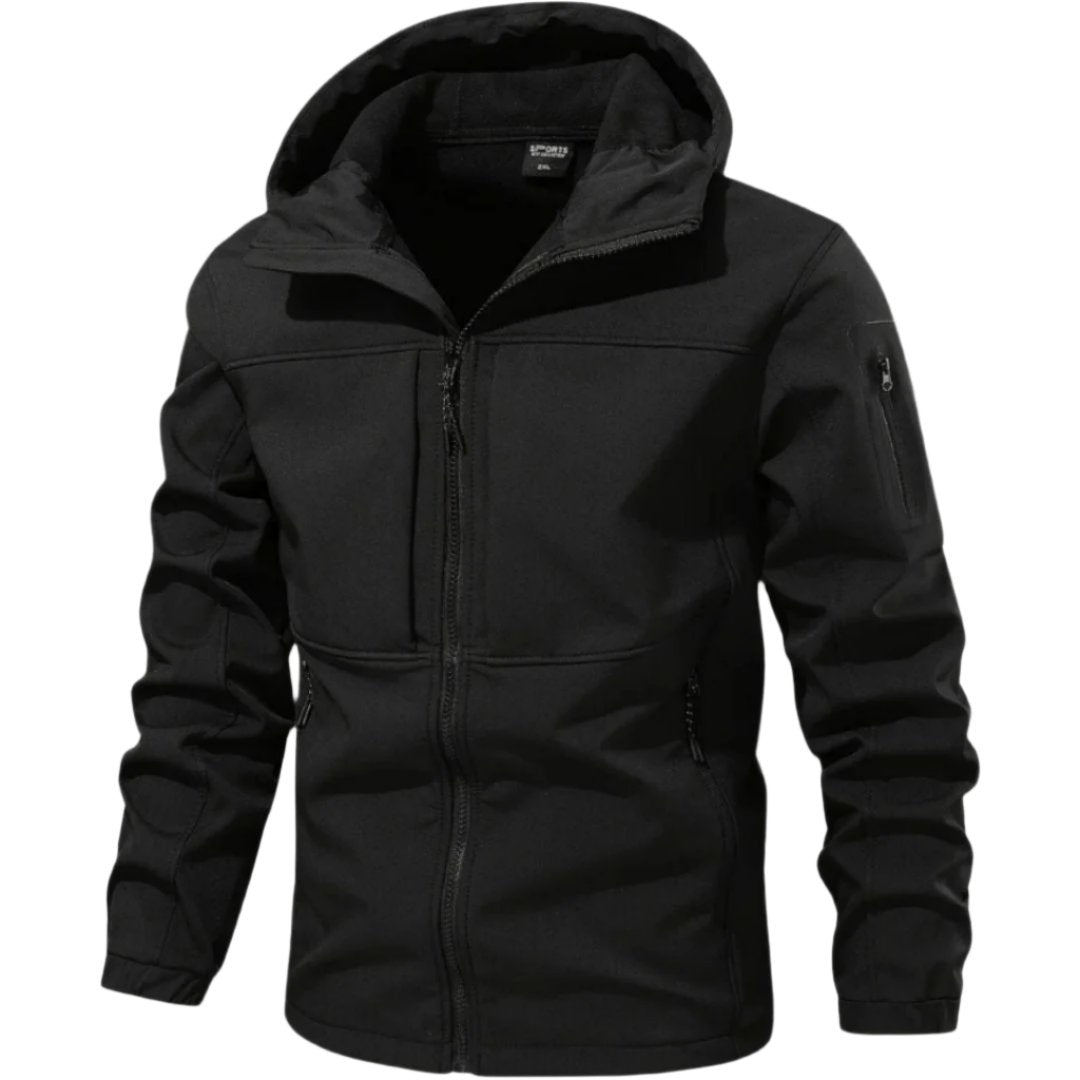 Men's softshell jacket with hood and functional design