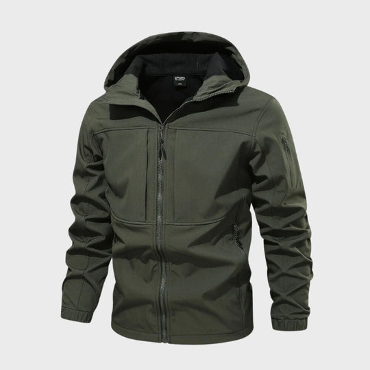 Men's softshell jacket with hood and functional design