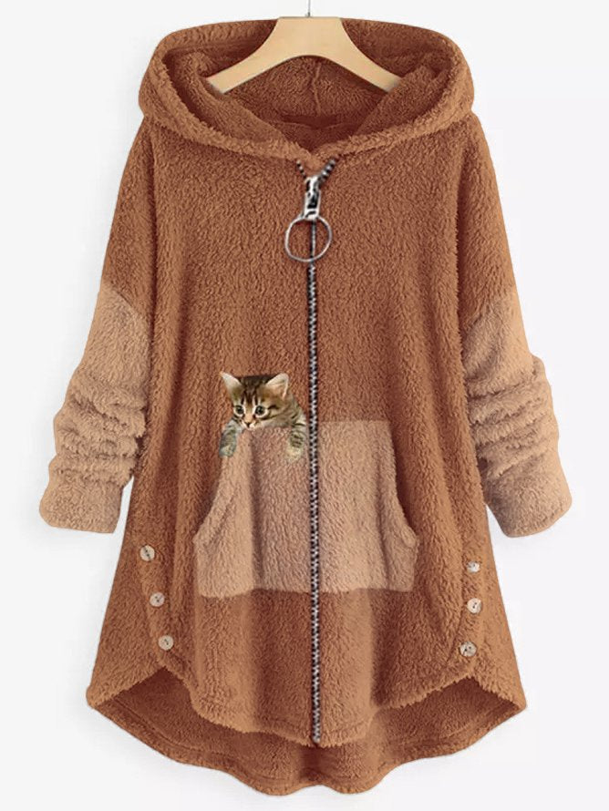 Women's hooded coat with cat print and button pockets