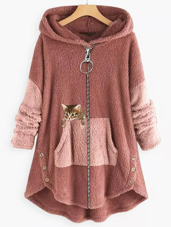Women's hooded coat with cat print and button pockets