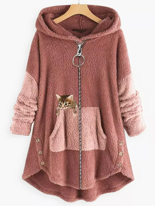 Women's hooded coat with cat print and button pockets
