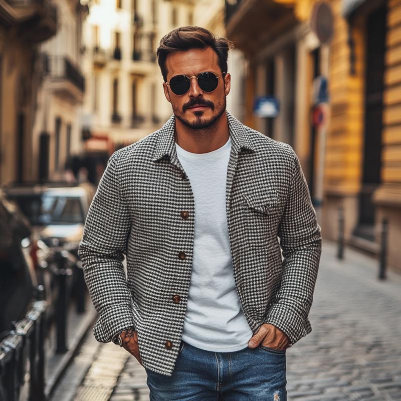 Men's shirt jacket with houndstooth pattern and button placket