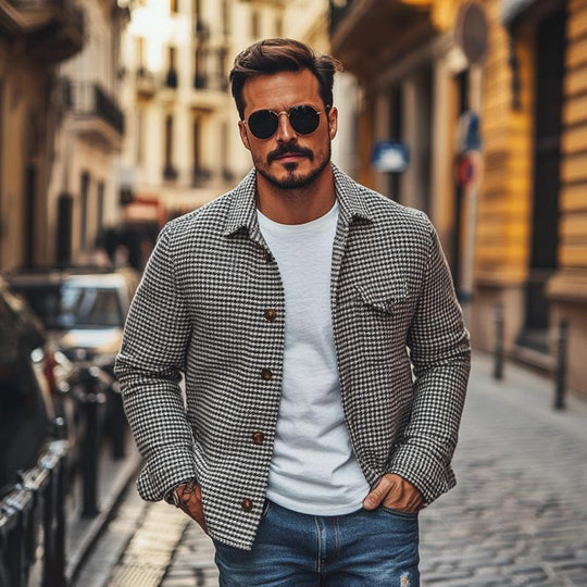 Men's shirt jacket with houndstooth pattern and button placket