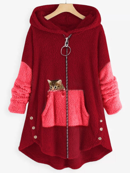 Women's hooded coat with cat print and button pockets