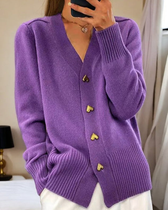 Women's cardigan with heart buttons and V-neck 