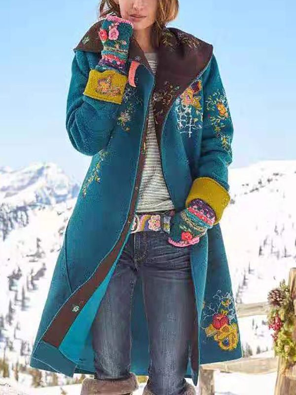 Women's Long Printed Coat with Button Placket 