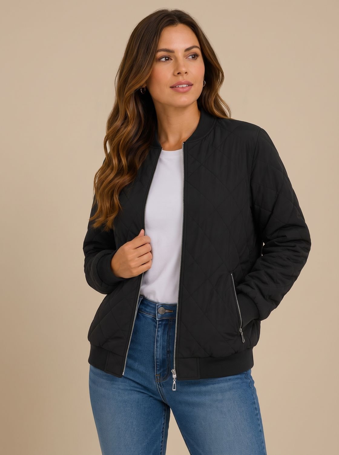 Damen-Bomberjacke mit dekorativer Rautensteppung