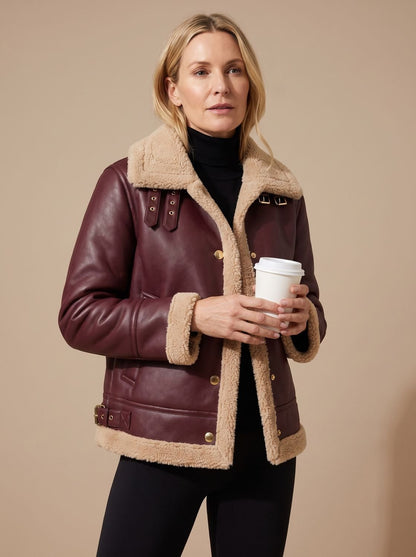 Damen Aviatorjacke Aus Kunstleder Mit Teddyfutter