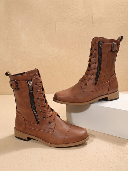 Damen Schnürboots Aus Kunstleder Mit Seitlichem Reißverschluss