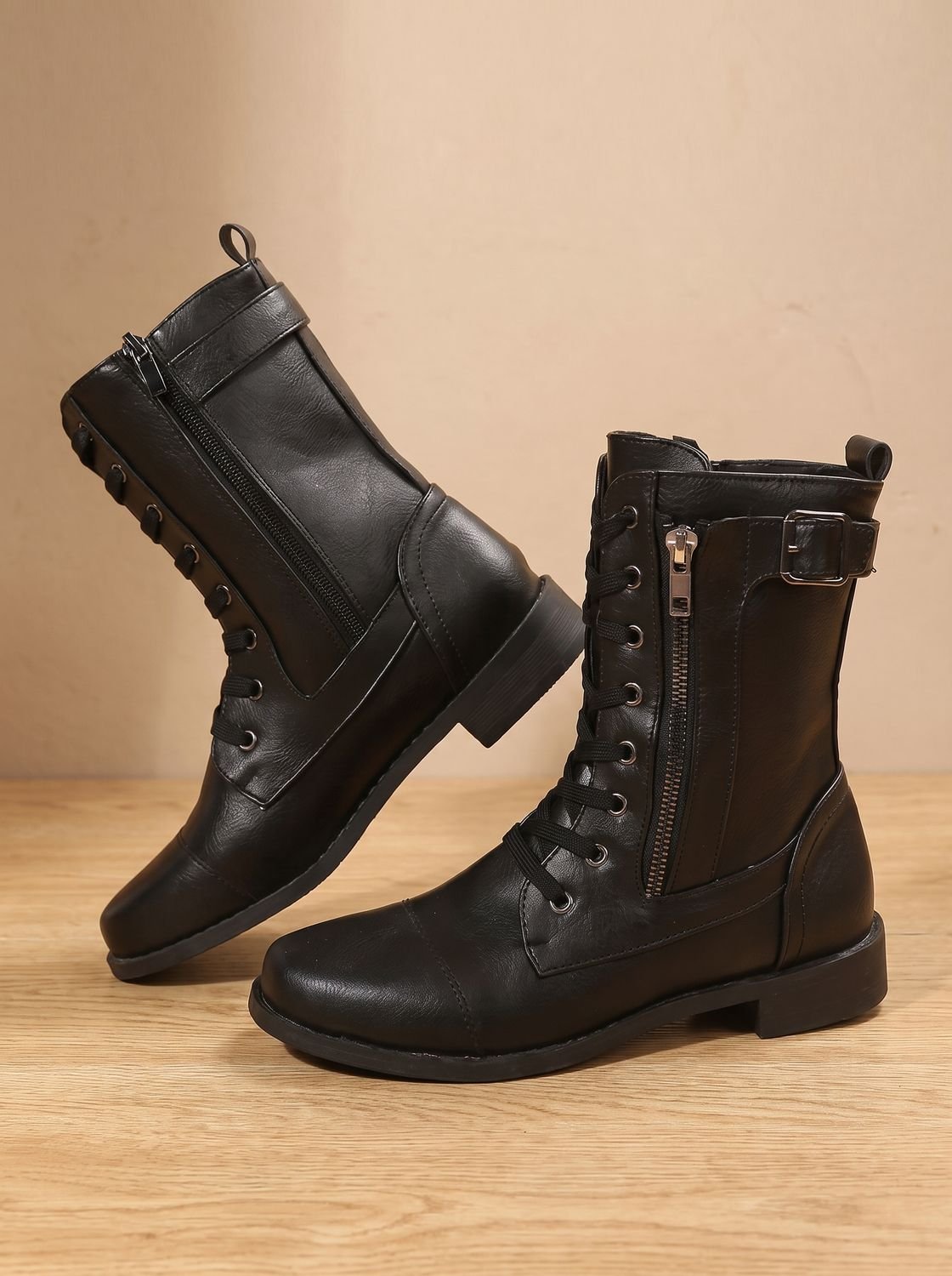 Damen Schnürboots Aus Kunstleder Mit Seitlichem Reißverschluss