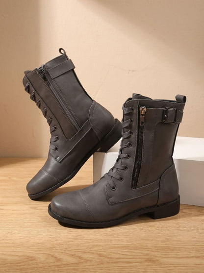 Damen Schnürboots Aus Kunstleder Mit Seitlichem Reißverschluss