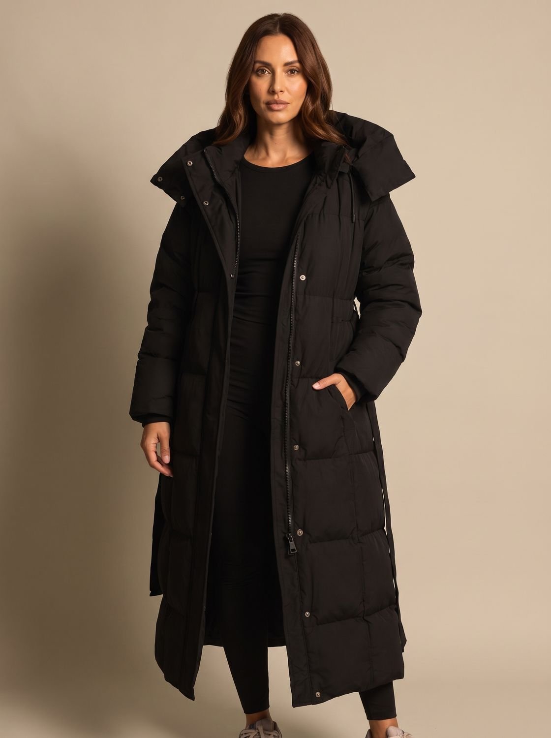Damen Longline Steppmantel Mit Kapuze Und Gürtel