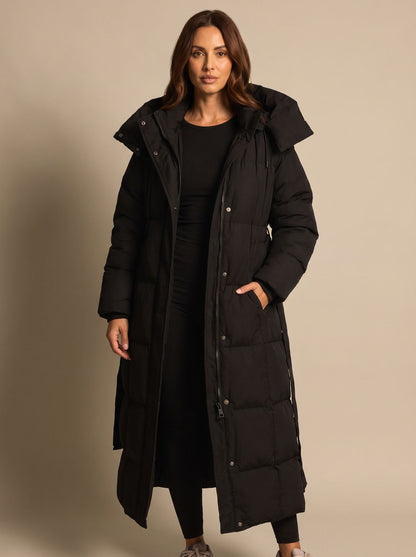 Damen Longline Steppmantel Mit Kapuze Und Gürtel