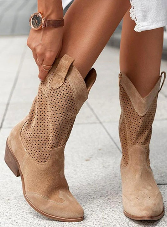 Damen-Westernstiefel in Velourslederoptik mit dekorativem Lochmuster