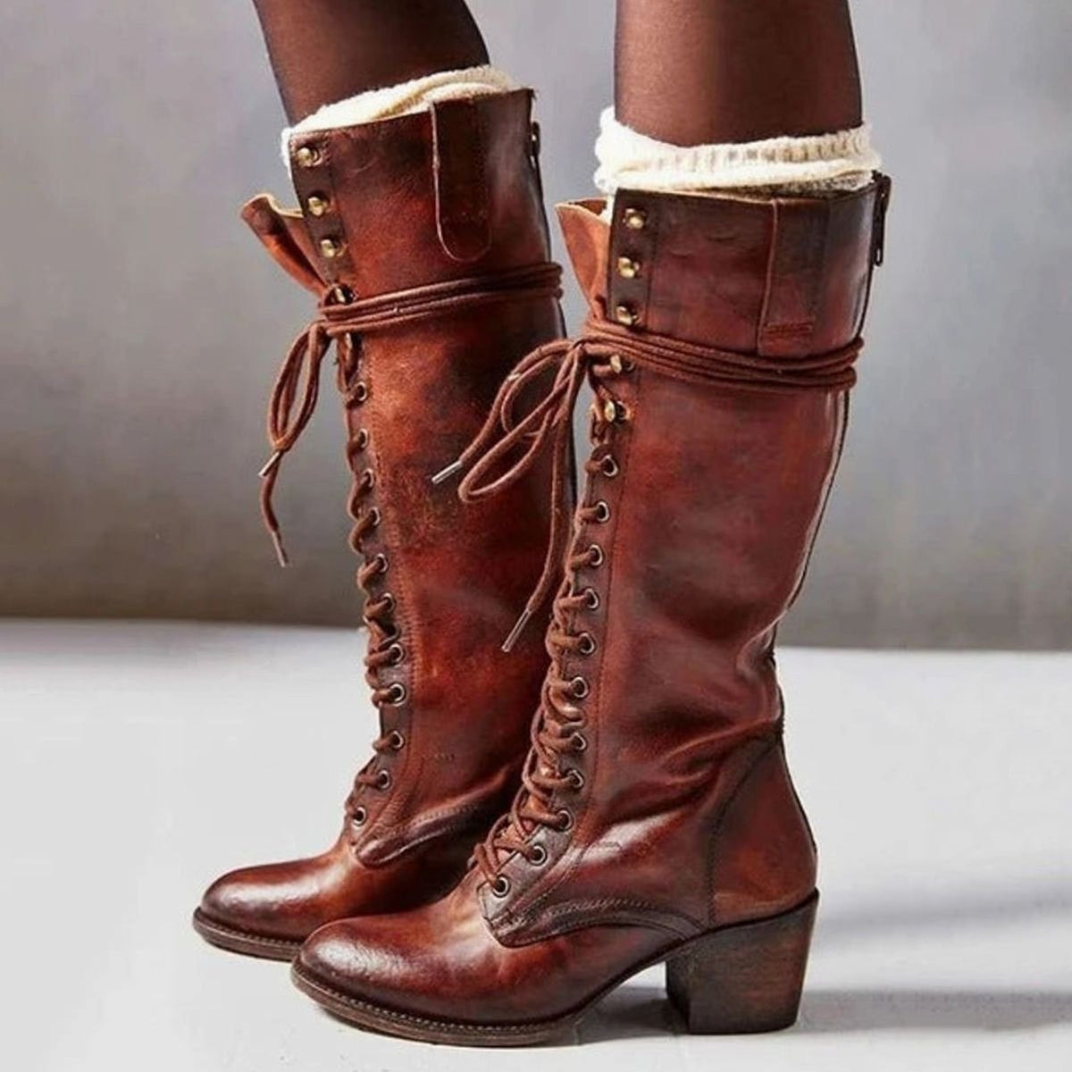 Damen Vintage Schnürstiefel mit Schnürung und knielangem Schaft
