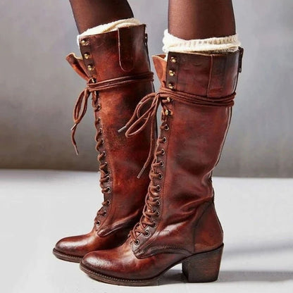 Damen Vintage Schnürstiefel mit Schnürung und knielangem Schaft