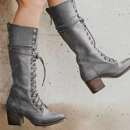 Knielange Damenstiefel im Vintage-Stil mit stabilem Blockabsatz