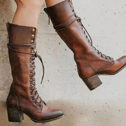 Damen Vintage Schnürstiefel Mit Blockabsatz Knielang